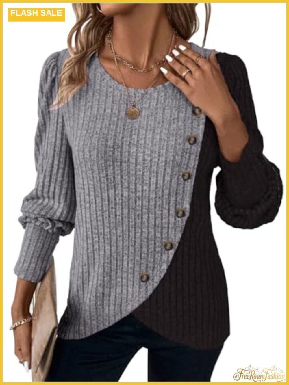 Womens Ribbed Knit Colorblock Button Pullover Sweater Long Sleeve